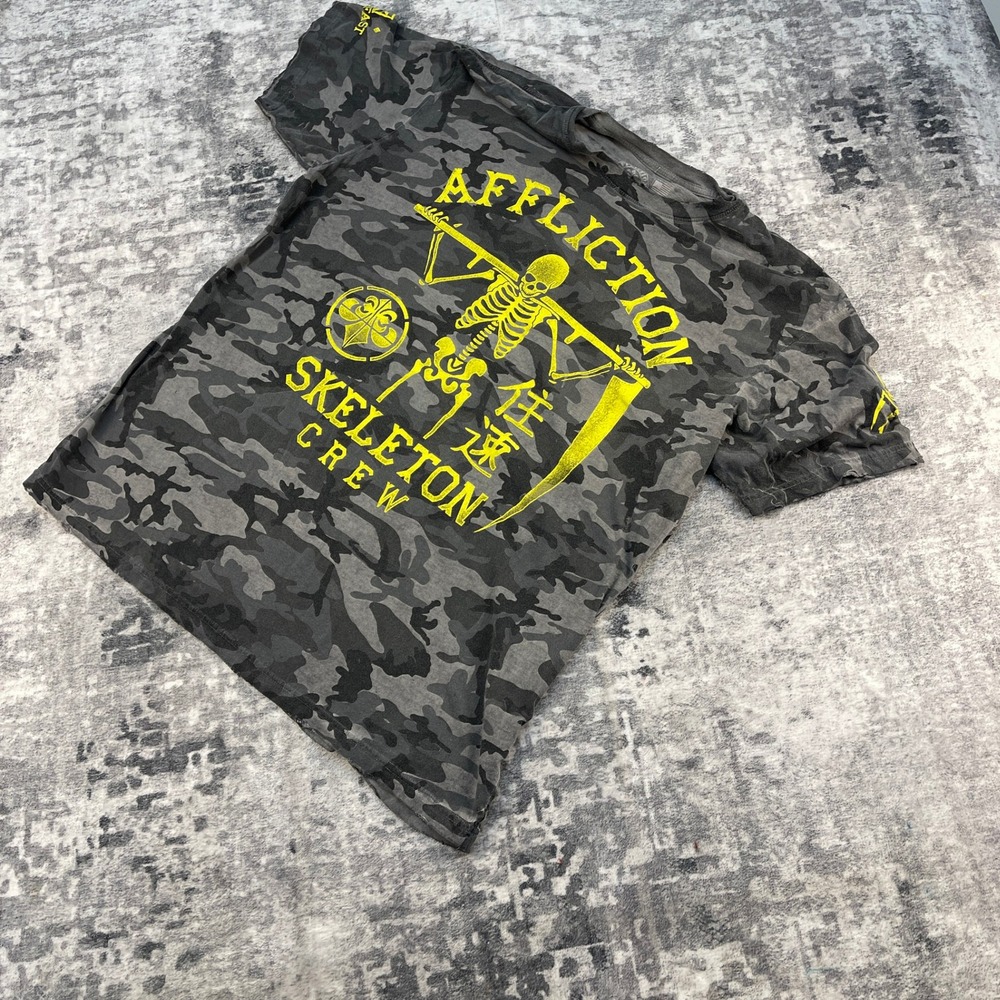 Affliction 2XL Camo Graphic Tee Distressed Thrashed Y2K MMA Core Grunge Yellow